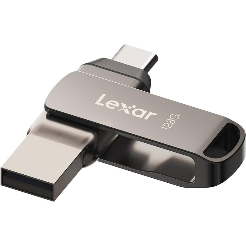 فلش مموری لکسار مدل JumpDrive Dual Drive D400 ظرفیت 64 گیگابایت با رابط USB 3.1 Type-C و Type-A، بدنه فلزی مقاوم در برابر آب، ضربه، شوک و گرد و غبار، سرعت انتقال تا 130 مگابایت بر ثانیه و قابلیت رمزگذاری خودکار داده‌ها