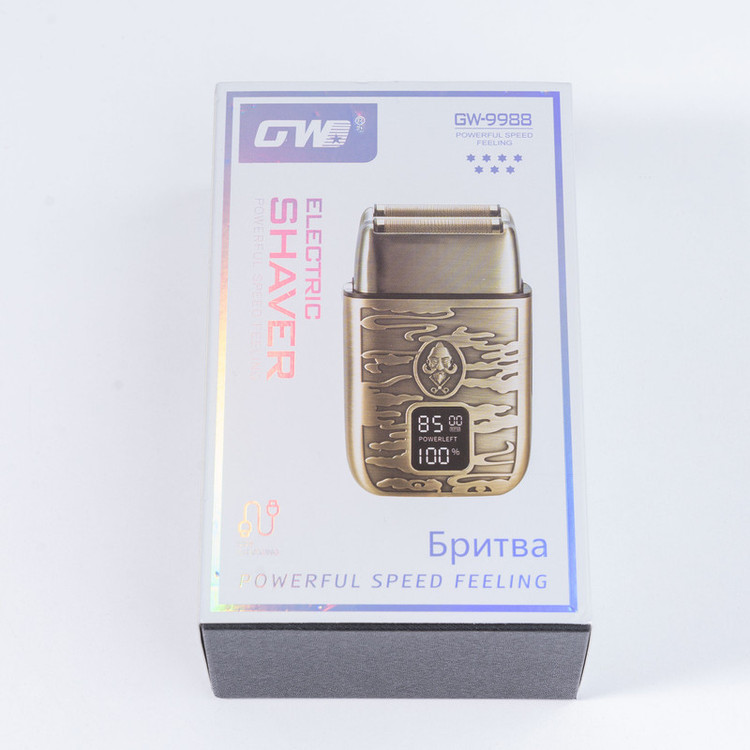 ماشین اصلاح موی صورت جی دبلیو مدل GW-9988، اصلاح به صورت صفر زن، طراحی ارگونومیک، نمایشگر LCD، منبع انرژی با کابل USB، تکنولوژی اصلاح به صورت شیو فویلی